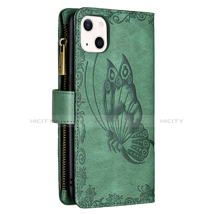 Coque Portefeuille Papillon Livre Cuir Etui Clapet L08 pour Apple iPhone 13 Mini Vert Plus