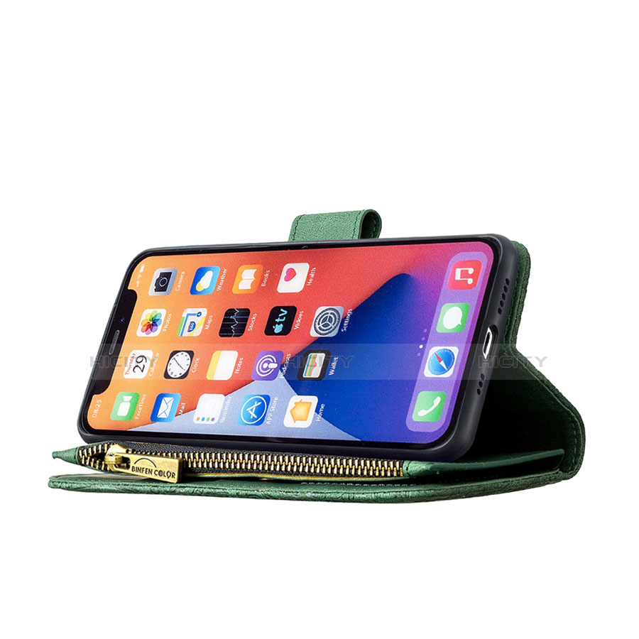 Coque Portefeuille Papillon Livre Cuir Etui Clapet L08 pour Apple iPhone 13 Mini Vert Plus