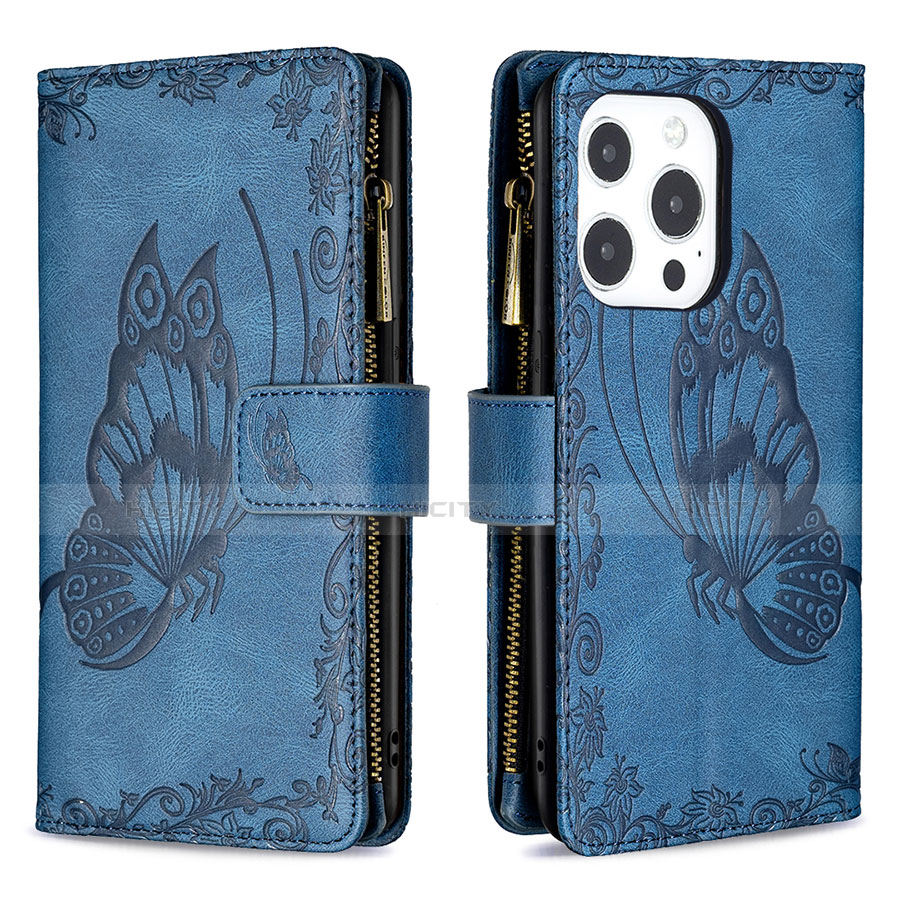 Coque Portefeuille Papillon Livre Cuir Etui Clapet L08 pour Apple iPhone 13 Pro Bleu Plus