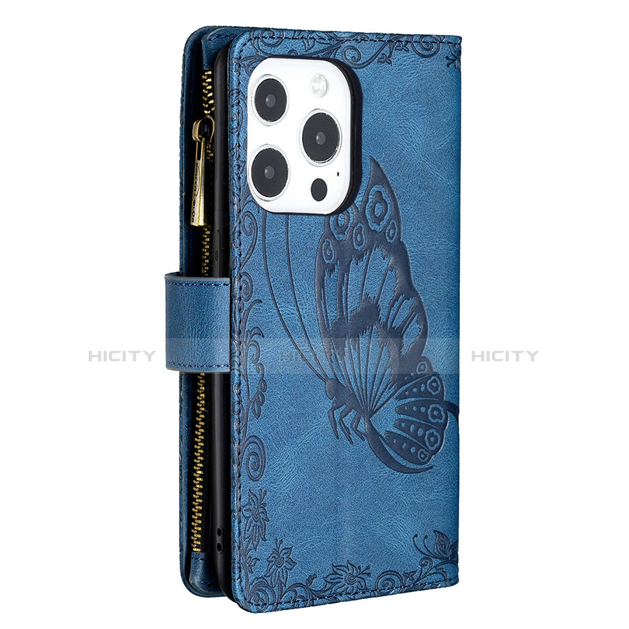 Coque Portefeuille Papillon Livre Cuir Etui Clapet L08 pour Apple iPhone 13 Pro Bleu Plus