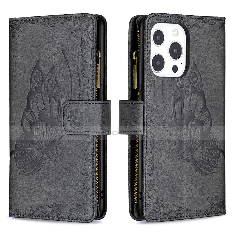 Coque Portefeuille Papillon Livre Cuir Etui Clapet L08 pour Apple iPhone 13 Pro Noir Plus