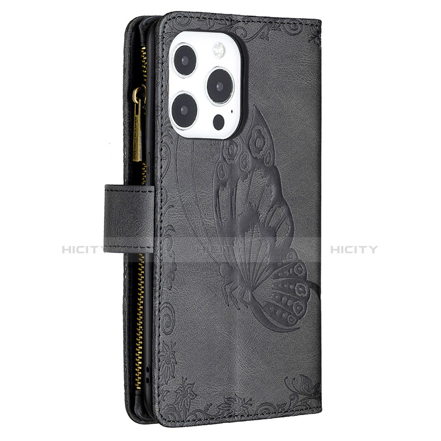 Coque Portefeuille Papillon Livre Cuir Etui Clapet L08 pour Apple iPhone 13 Pro Noir Plus