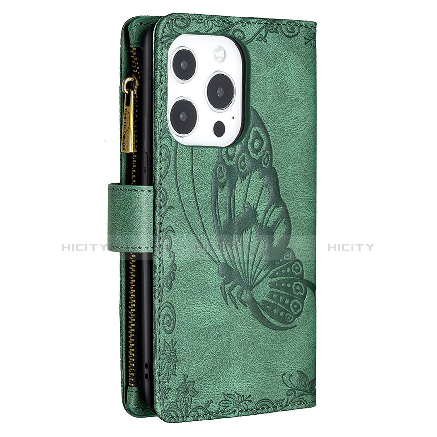 Coque Portefeuille Papillon Livre Cuir Etui Clapet L08 pour Apple iPhone 13 Pro Vert Plus