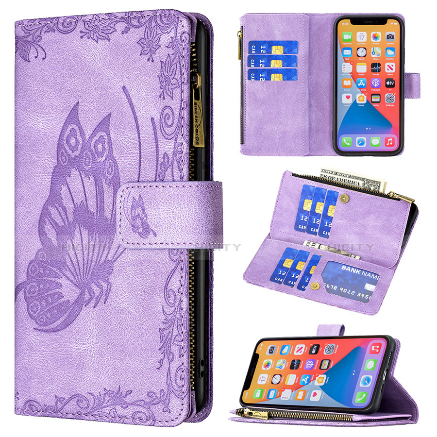 Coque Portefeuille Papillon Livre Cuir Etui Clapet L08 pour Apple iPhone 13 Pro Violet Plus