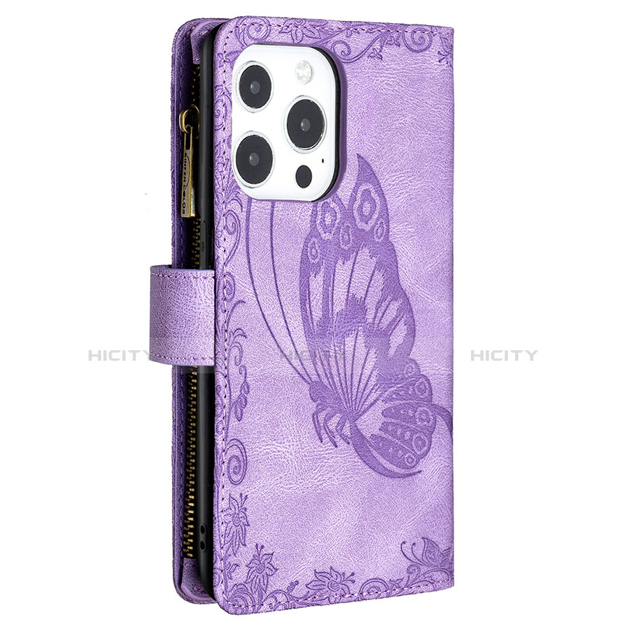 Coque Portefeuille Papillon Livre Cuir Etui Clapet L08 pour Apple iPhone 13 Pro Violet Plus