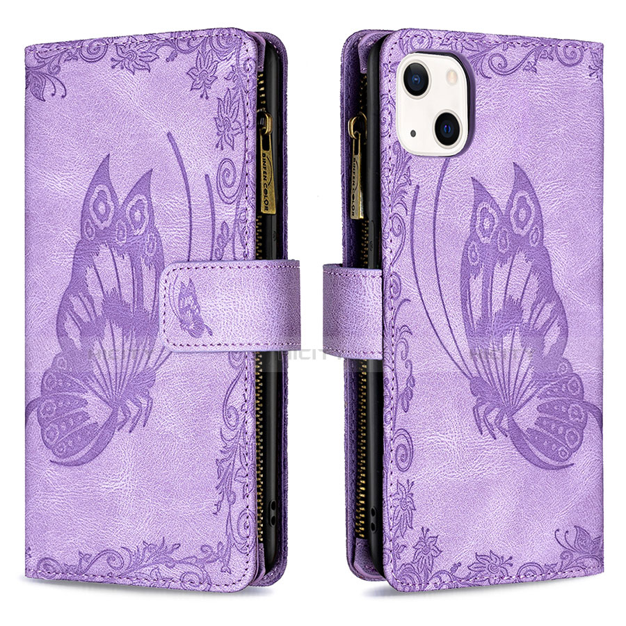 Coque Portefeuille Papillon Livre Cuir Etui Clapet L08 pour Apple iPhone 13 Violet Plus