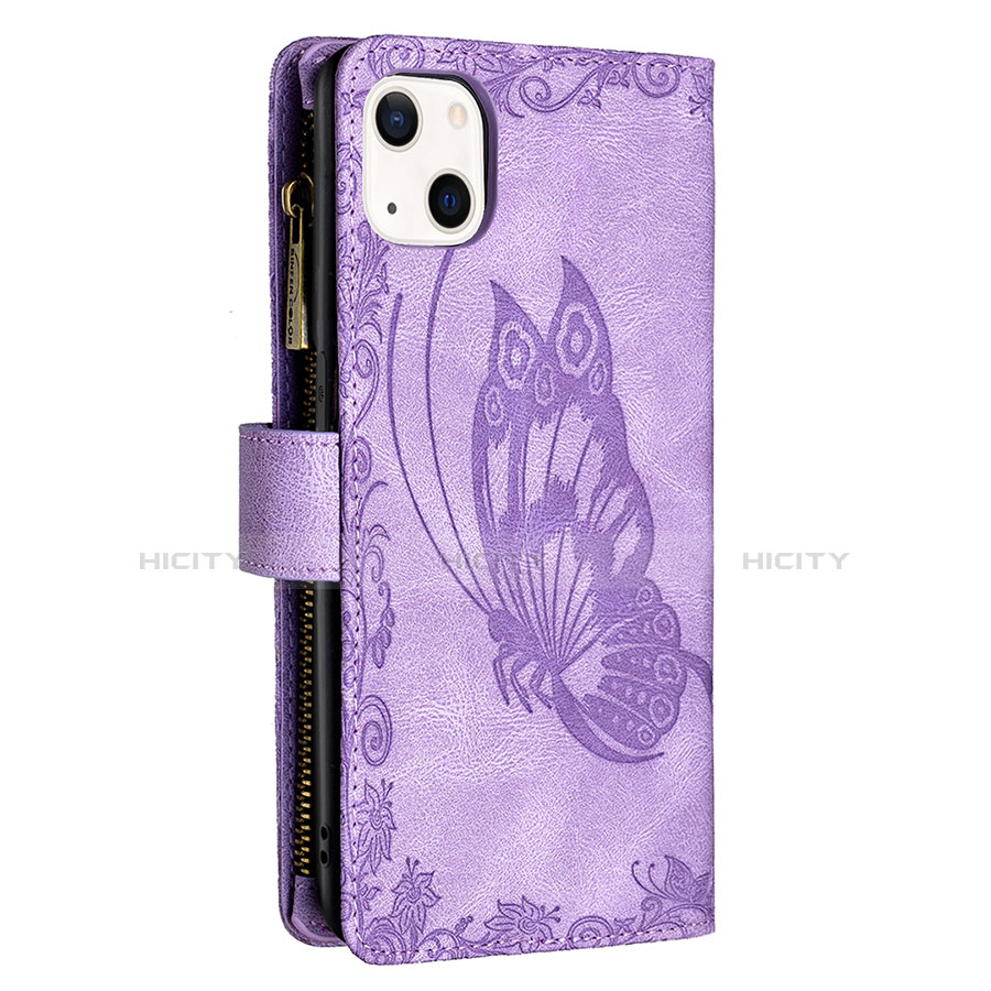 Coque Portefeuille Papillon Livre Cuir Etui Clapet L08 pour Apple iPhone 13 Violet Plus