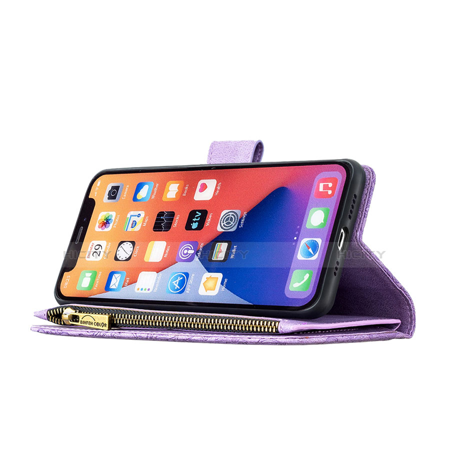 Coque Portefeuille Papillon Livre Cuir Etui Clapet L08 pour Apple iPhone 13 Violet Plus