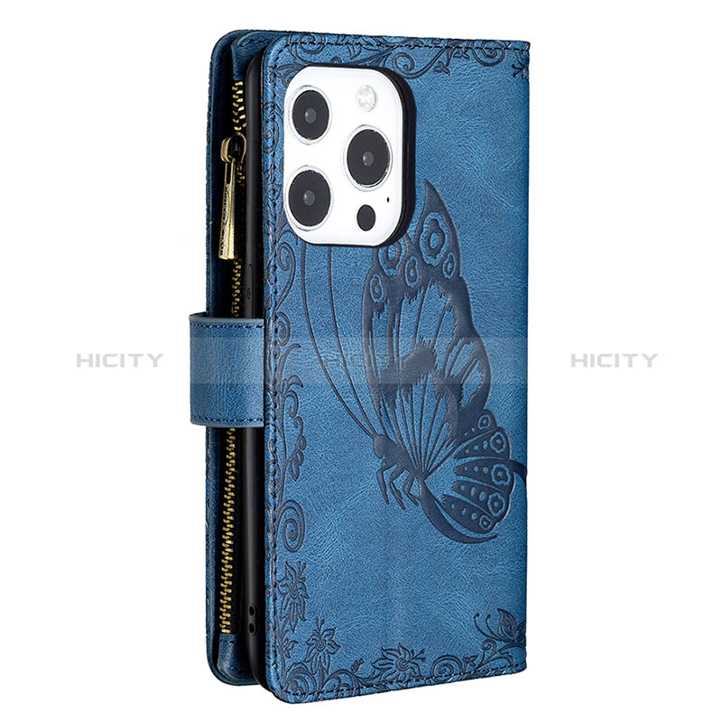 Coque Portefeuille Papillon Livre Cuir Etui Clapet L08 pour Apple iPhone 14 Pro Max Bleu Plus