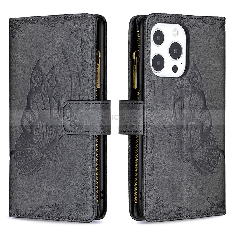 Coque Portefeuille Papillon Livre Cuir Etui Clapet L08 pour Apple iPhone 14 Pro Max Noir Plus