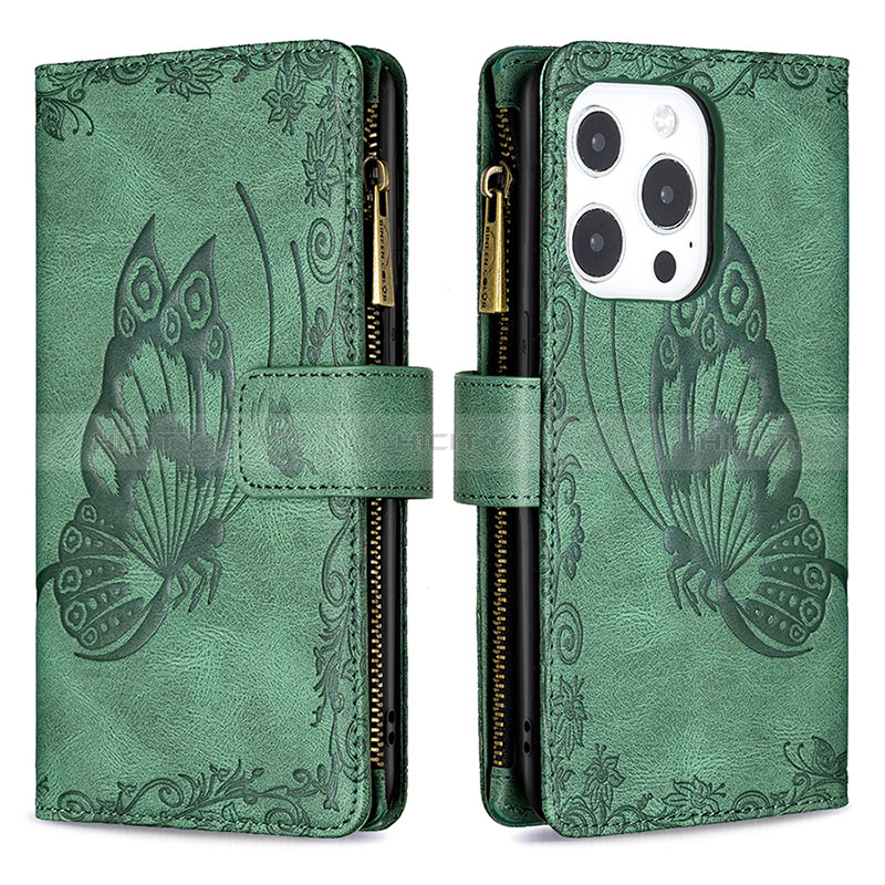 Coque Portefeuille Papillon Livre Cuir Etui Clapet L08 pour Apple iPhone 14 Pro Max Vert Plus