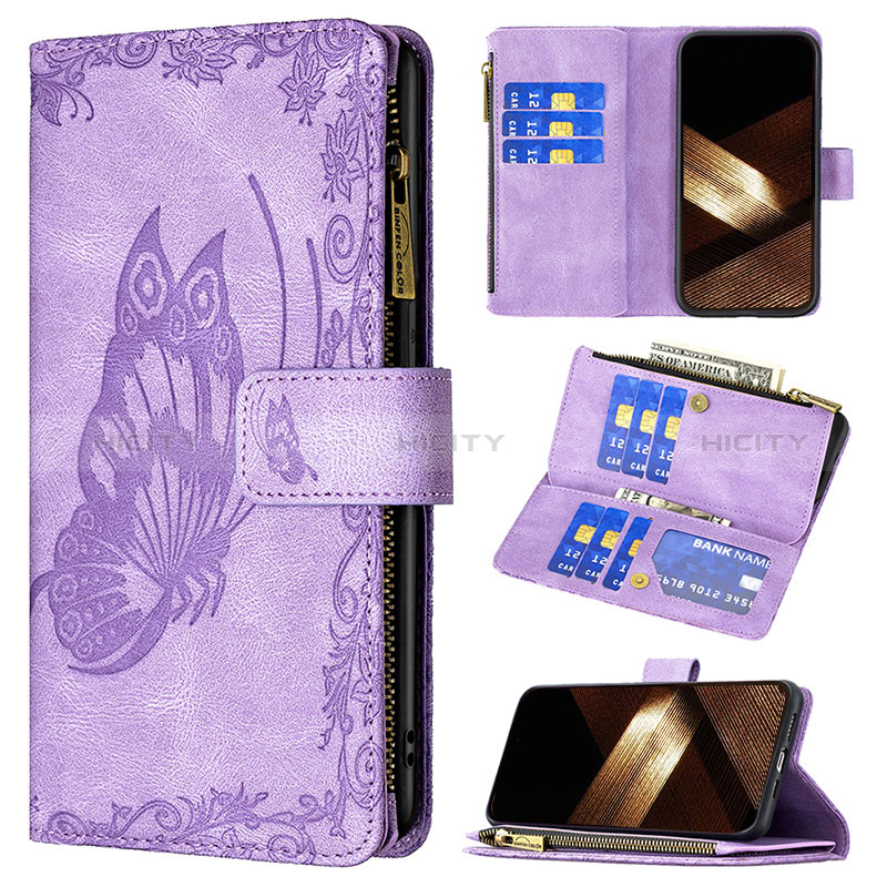 Coque Portefeuille Papillon Livre Cuir Etui Clapet L08 pour Apple iPhone 14 Pro Max Violet Plus