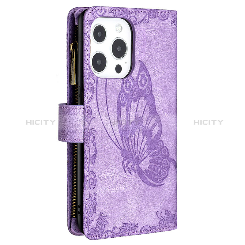 Coque Portefeuille Papillon Livre Cuir Etui Clapet L08 pour Apple iPhone 14 Pro Max Violet Plus