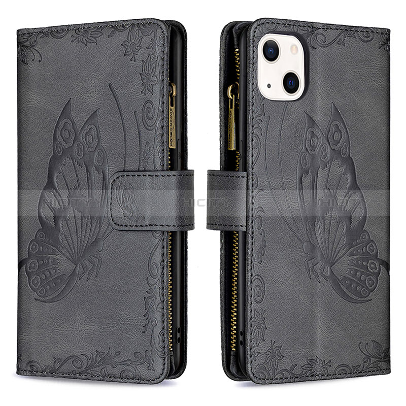 Coque Portefeuille Papillon Livre Cuir Etui Clapet L08 pour Apple iPhone 15 Noir Plus