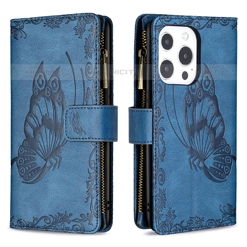 Coque Portefeuille Papillon Livre Cuir Etui Clapet L08 pour Apple iPhone 15 Pro Bleu Plus