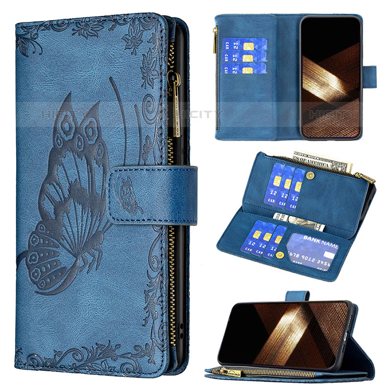 Coque Portefeuille Papillon Livre Cuir Etui Clapet L08 pour Apple iPhone 15 Pro Bleu Plus