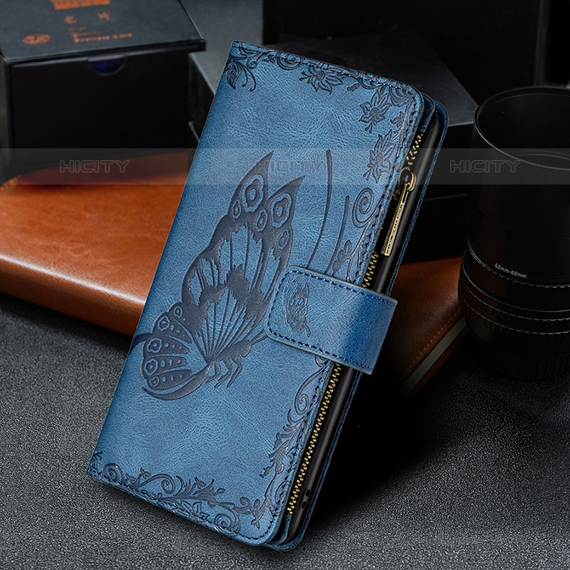 Coque Portefeuille Papillon Livre Cuir Etui Clapet L08 pour Apple iPhone 15 Pro Bleu Plus