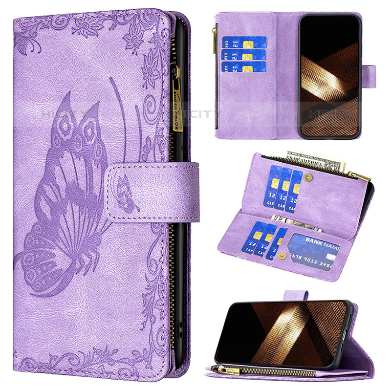 Coque Portefeuille Papillon Livre Cuir Etui Clapet L08 pour Apple iPhone 15 Pro Max Violet Plus