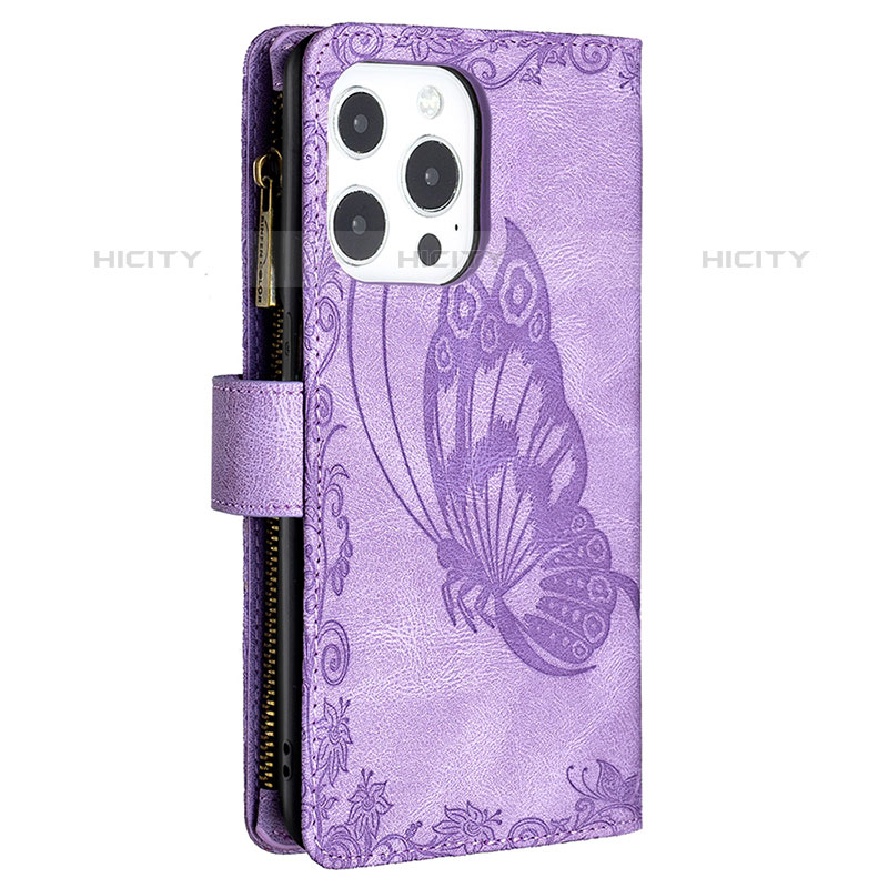 Coque Portefeuille Papillon Livre Cuir Etui Clapet L08 pour Apple iPhone 15 Pro Max Violet Plus