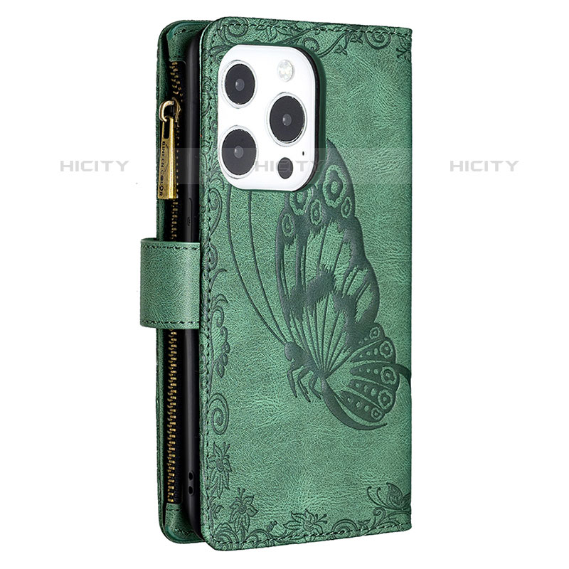 Coque Portefeuille Papillon Livre Cuir Etui Clapet L08 pour Apple iPhone 15 Pro Vert Plus