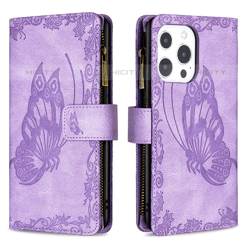 Coque Portefeuille Papillon Livre Cuir Etui Clapet L08 pour Apple iPhone 15 Pro Violet Plus