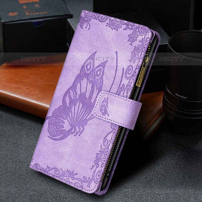 Coque Portefeuille Papillon Livre Cuir Etui Clapet L08 pour Apple iPhone 15 Pro Violet Plus