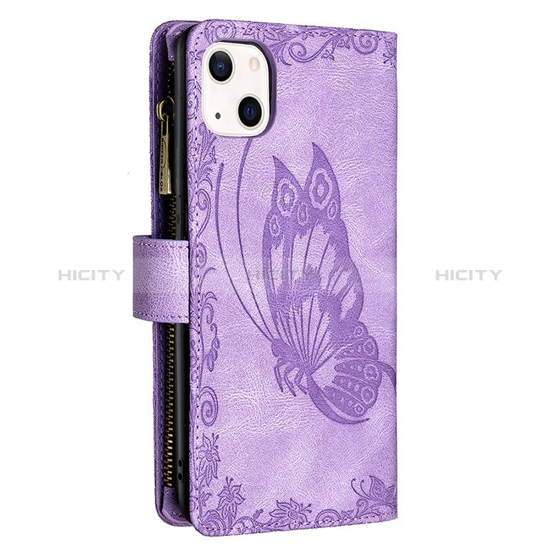 Coque Portefeuille Papillon Livre Cuir Etui Clapet L08 pour Apple iPhone 15 Violet Plus