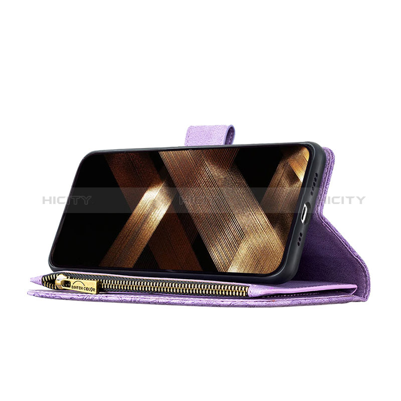 Coque Portefeuille Papillon Livre Cuir Etui Clapet L08 pour Apple iPhone 15 Violet Plus