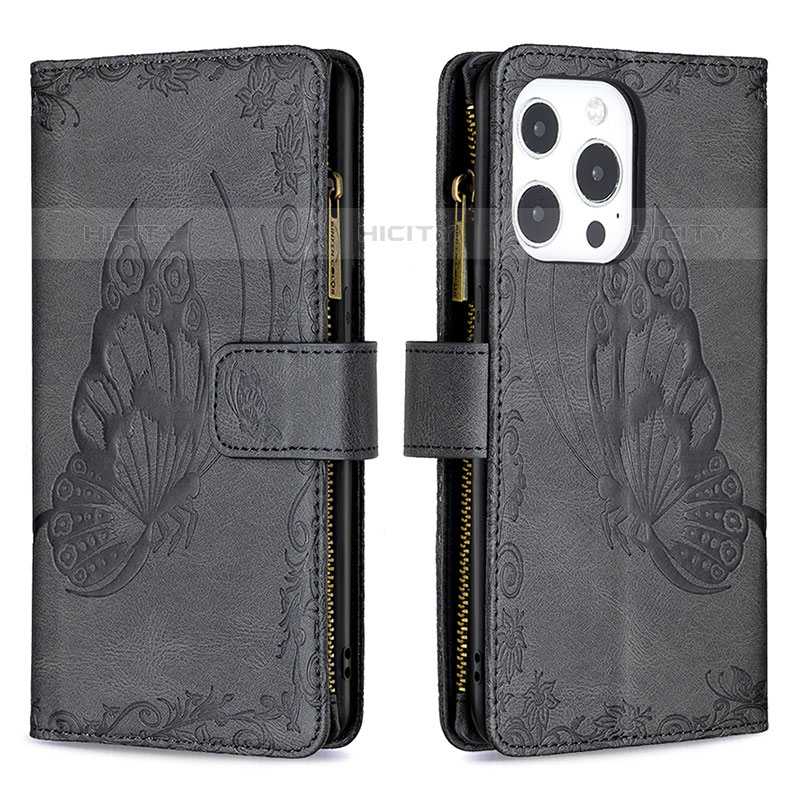 Coque Portefeuille Papillon Livre Cuir Etui Clapet L08 pour Apple iPhone 16 Pro Max Noir Plus