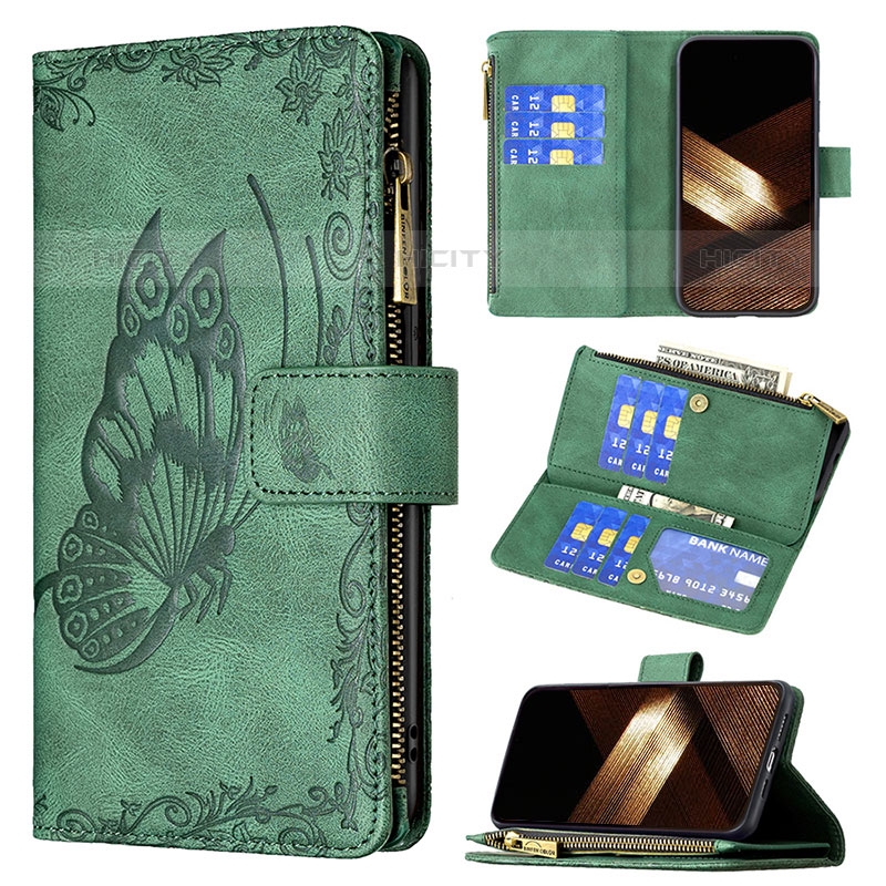 Coque Portefeuille Papillon Livre Cuir Etui Clapet L08 pour Apple iPhone 16 Pro Max Vert Plus