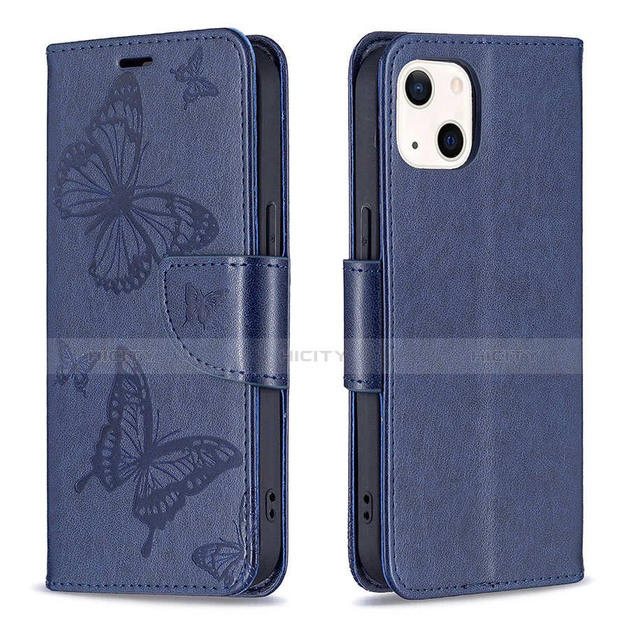 Coque Portefeuille Papillon Livre Cuir Etui Clapet L09 pour Apple iPhone 13 Bleu Plus