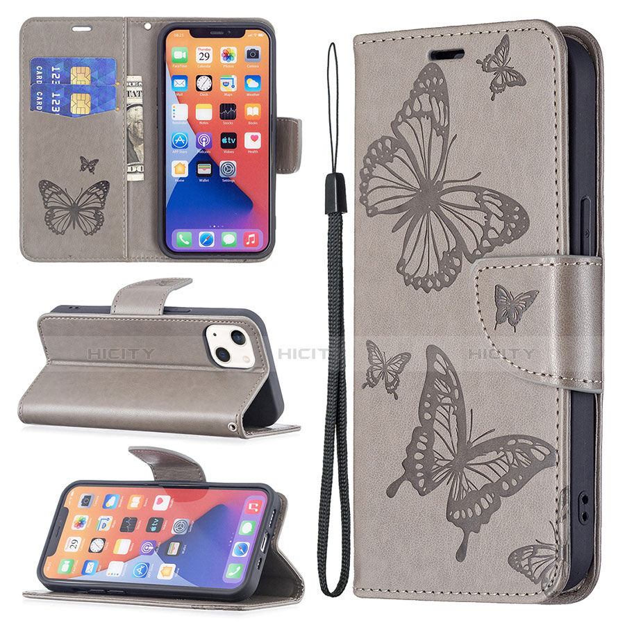 Coque Portefeuille Papillon Livre Cuir Etui Clapet L09 pour Apple iPhone 13 Mini Gris Plus