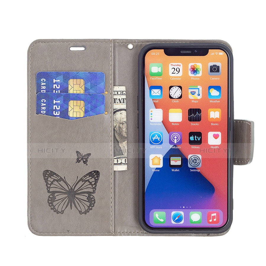 Coque Portefeuille Papillon Livre Cuir Etui Clapet L09 pour Apple iPhone 13 Mini Gris Plus