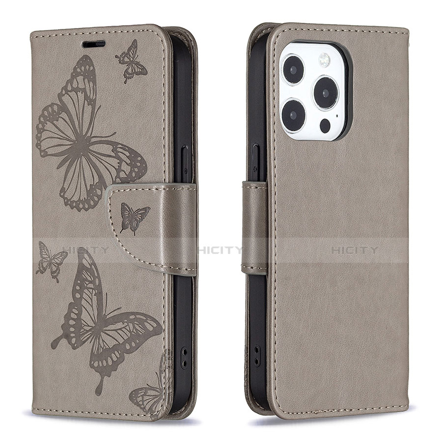 Coque Portefeuille Papillon Livre Cuir Etui Clapet L09 pour Apple iPhone 13 Pro Max Gris Fonce Plus