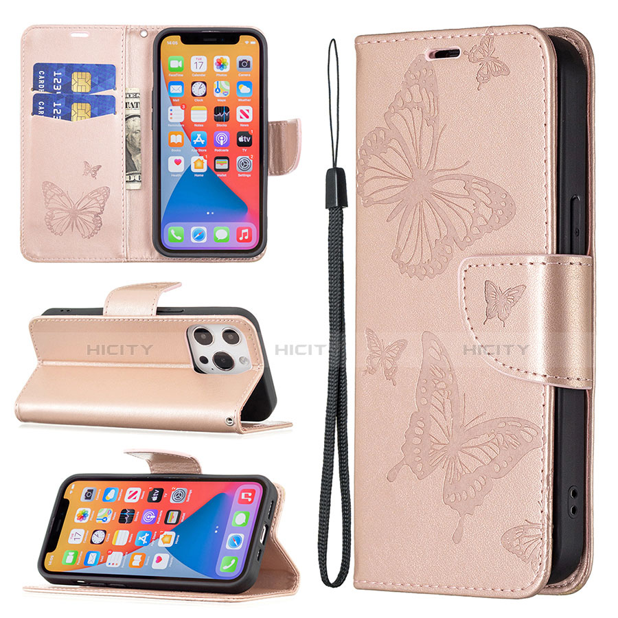 Coque Portefeuille Papillon Livre Cuir Etui Clapet L09 pour Apple iPhone 13 Pro Max Rose Plus