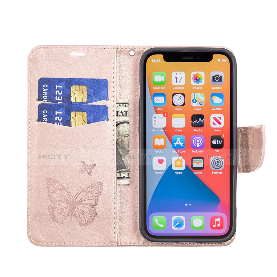 Coque Portefeuille Papillon Livre Cuir Etui Clapet L09 pour Apple iPhone 13 Pro Max Rose Plus