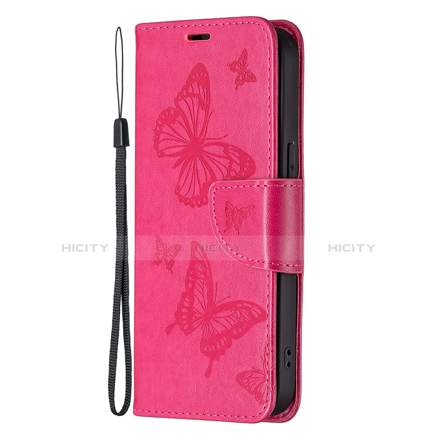 Coque Portefeuille Papillon Livre Cuir Etui Clapet L09 pour Apple iPhone 13 Pro Rose Rouge Plus