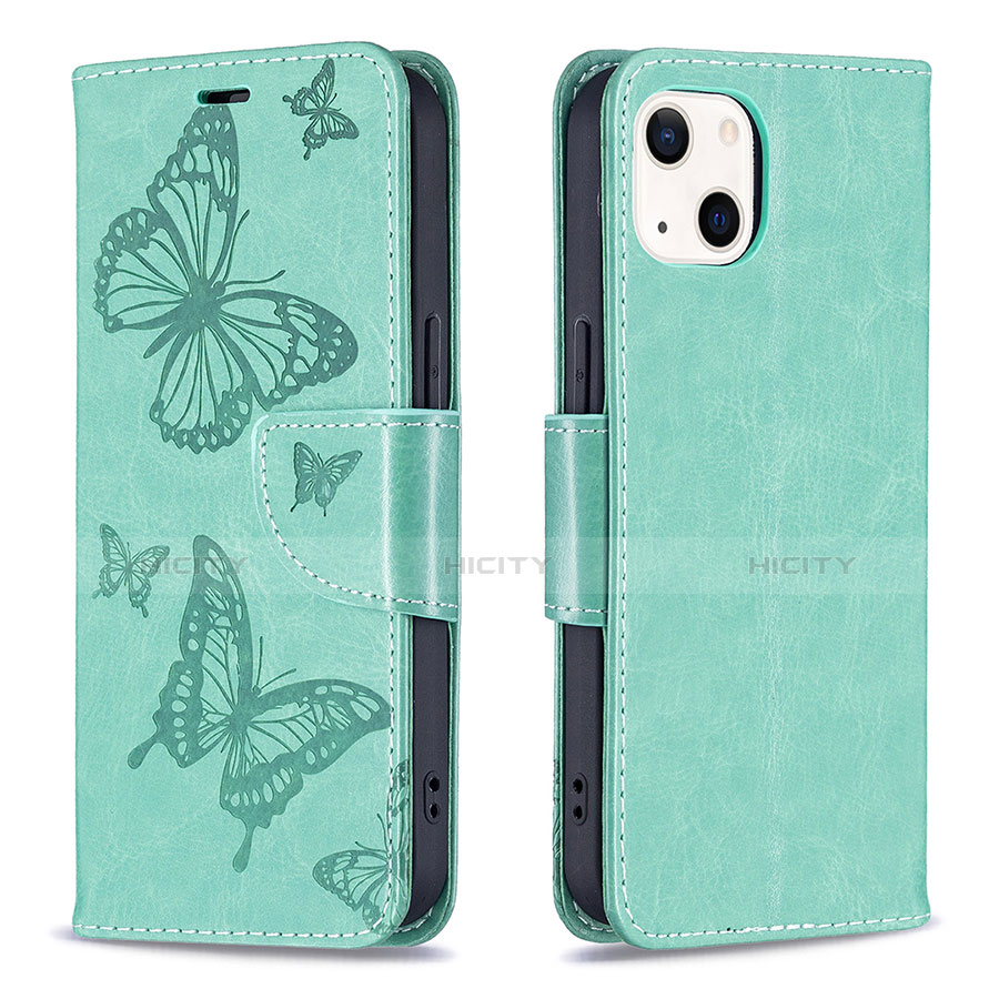 Coque Portefeuille Papillon Livre Cuir Etui Clapet L09 pour Apple iPhone 13 Vert Plus