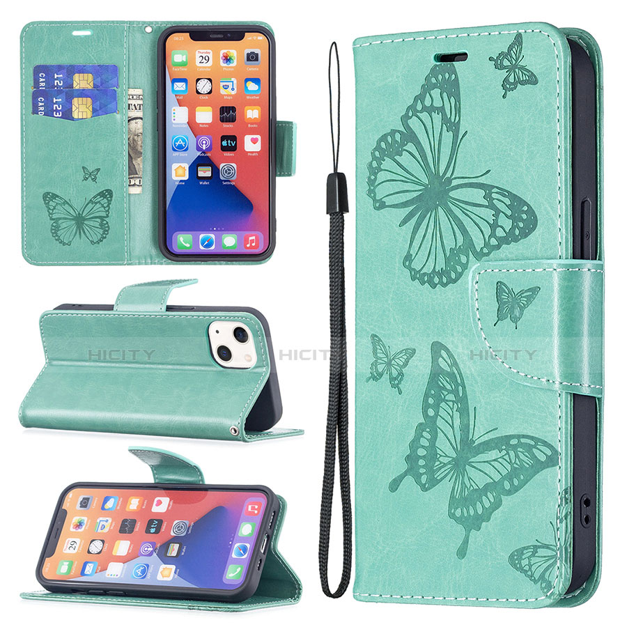 Coque Portefeuille Papillon Livre Cuir Etui Clapet L09 pour Apple iPhone 13 Vert Plus