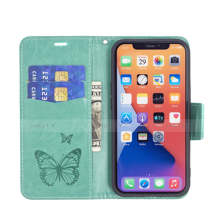 Coque Portefeuille Papillon Livre Cuir Etui Clapet L09 pour Apple iPhone 13 Vert Plus