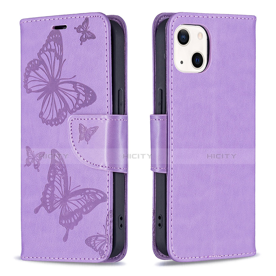 Coque Portefeuille Papillon Livre Cuir Etui Clapet L09 pour Apple iPhone 13 Violet Plus