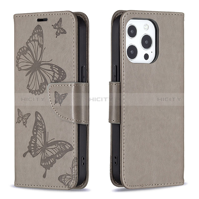 Coque Portefeuille Papillon Livre Cuir Etui Clapet L09 pour Apple iPhone 14 Pro Gris Fonce Plus