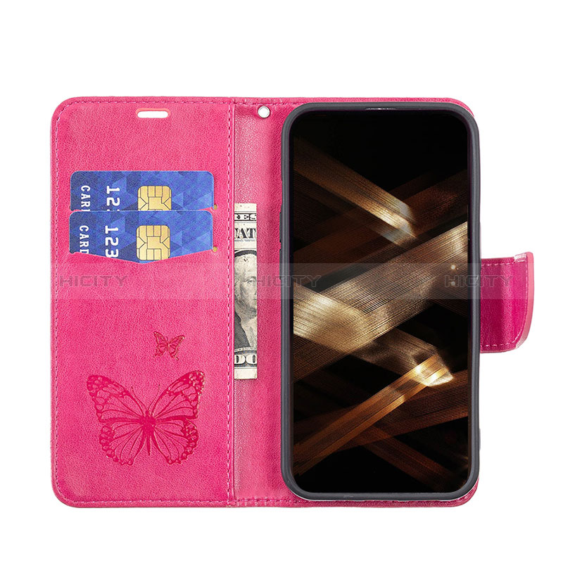 Coque Portefeuille Papillon Livre Cuir Etui Clapet L09 pour Apple iPhone 14 Pro Max Rose Rouge Plus