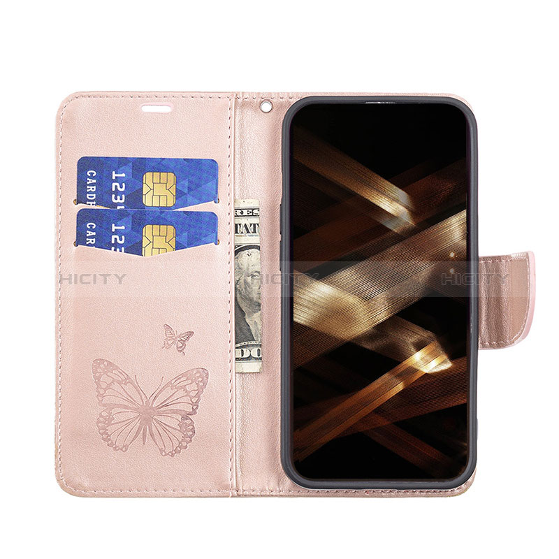 Coque Portefeuille Papillon Livre Cuir Etui Clapet L09 pour Apple iPhone 14 Pro Rose Plus