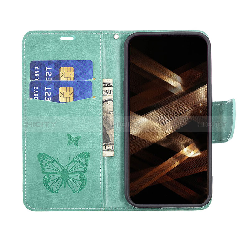 Coque Portefeuille Papillon Livre Cuir Etui Clapet L09 pour Apple iPhone 14 Pro Vert Plus