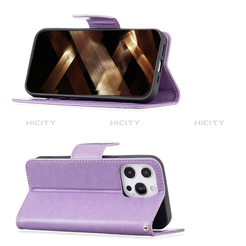 Coque Portefeuille Papillon Livre Cuir Etui Clapet L09 pour Apple iPhone 14 Pro Violet Plus