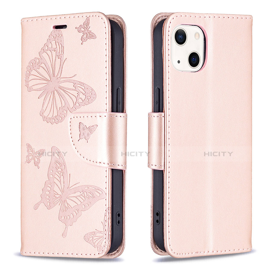 Coque Portefeuille Papillon Livre Cuir Etui Clapet L09 pour Apple iPhone 14 Rose Plus