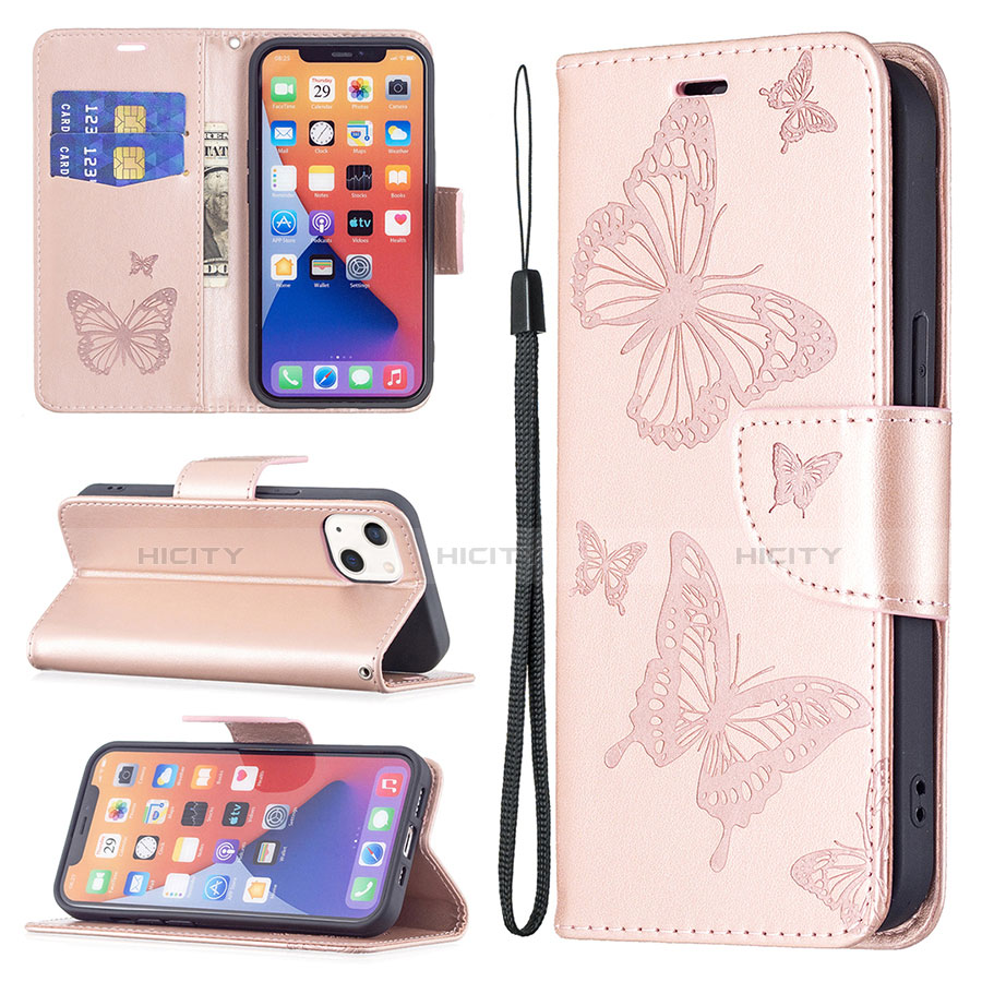 Coque Portefeuille Papillon Livre Cuir Etui Clapet L09 pour Apple iPhone 14 Rose Plus