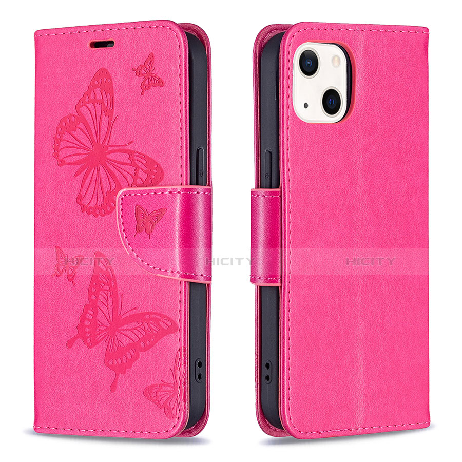 Coque Portefeuille Papillon Livre Cuir Etui Clapet L09 pour Apple iPhone 14 Rose Rouge Plus