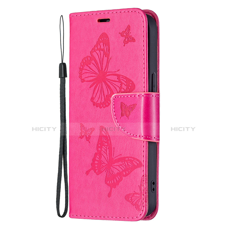 Coque Portefeuille Papillon Livre Cuir Etui Clapet L09 pour Apple iPhone 14 Rose Rouge Plus